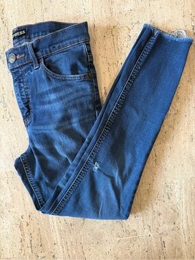 Express Women’s Skinny Dark Blue Stretch Jeans with Frayed Hem